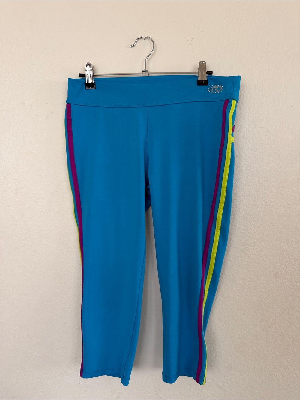 Vintage Workout Riva Teal Capri Leggings with Pink and Neon Green Side Stripes